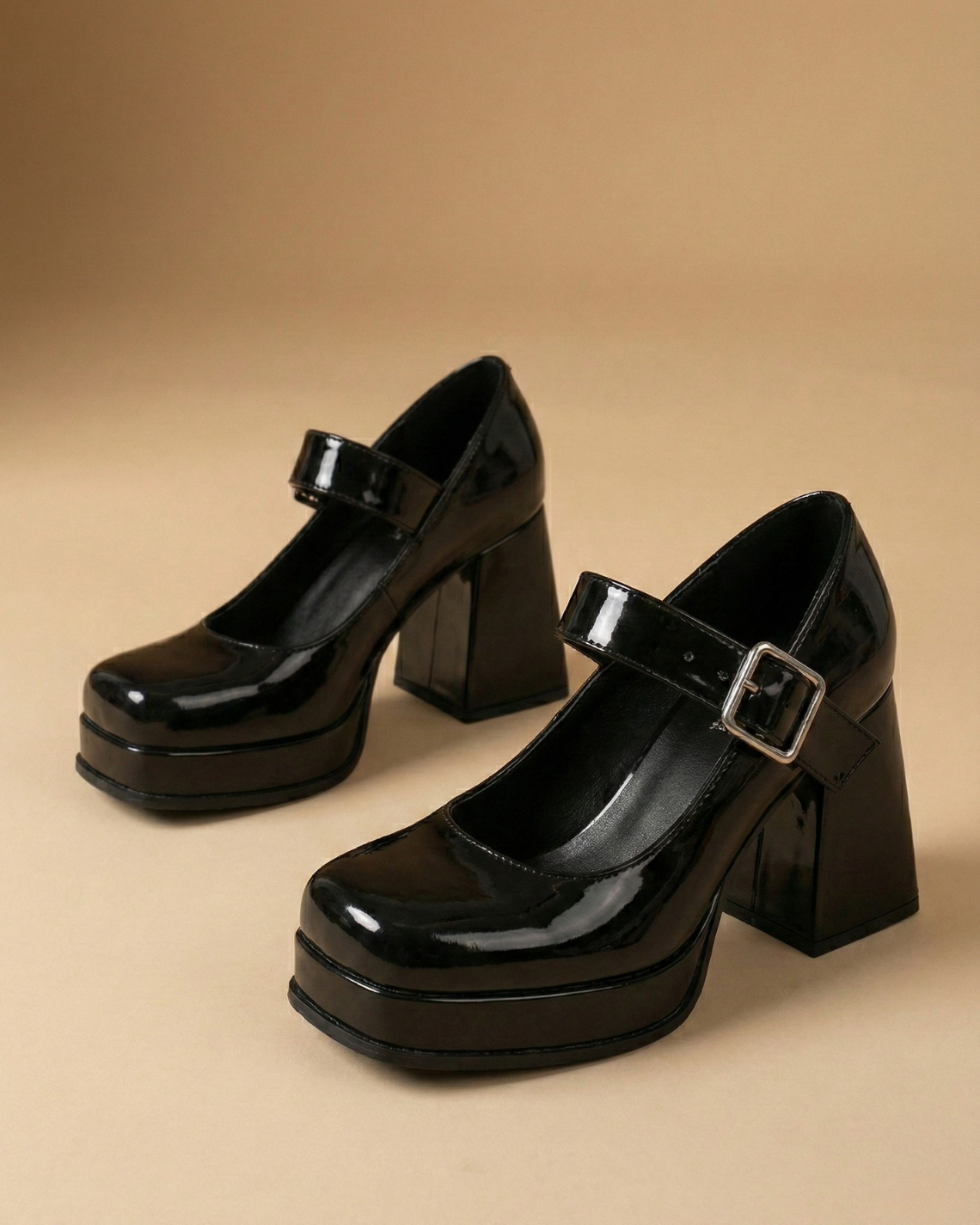 Mescini - Black platform mary jane heels pair photographed at an angle, product view, US sizes