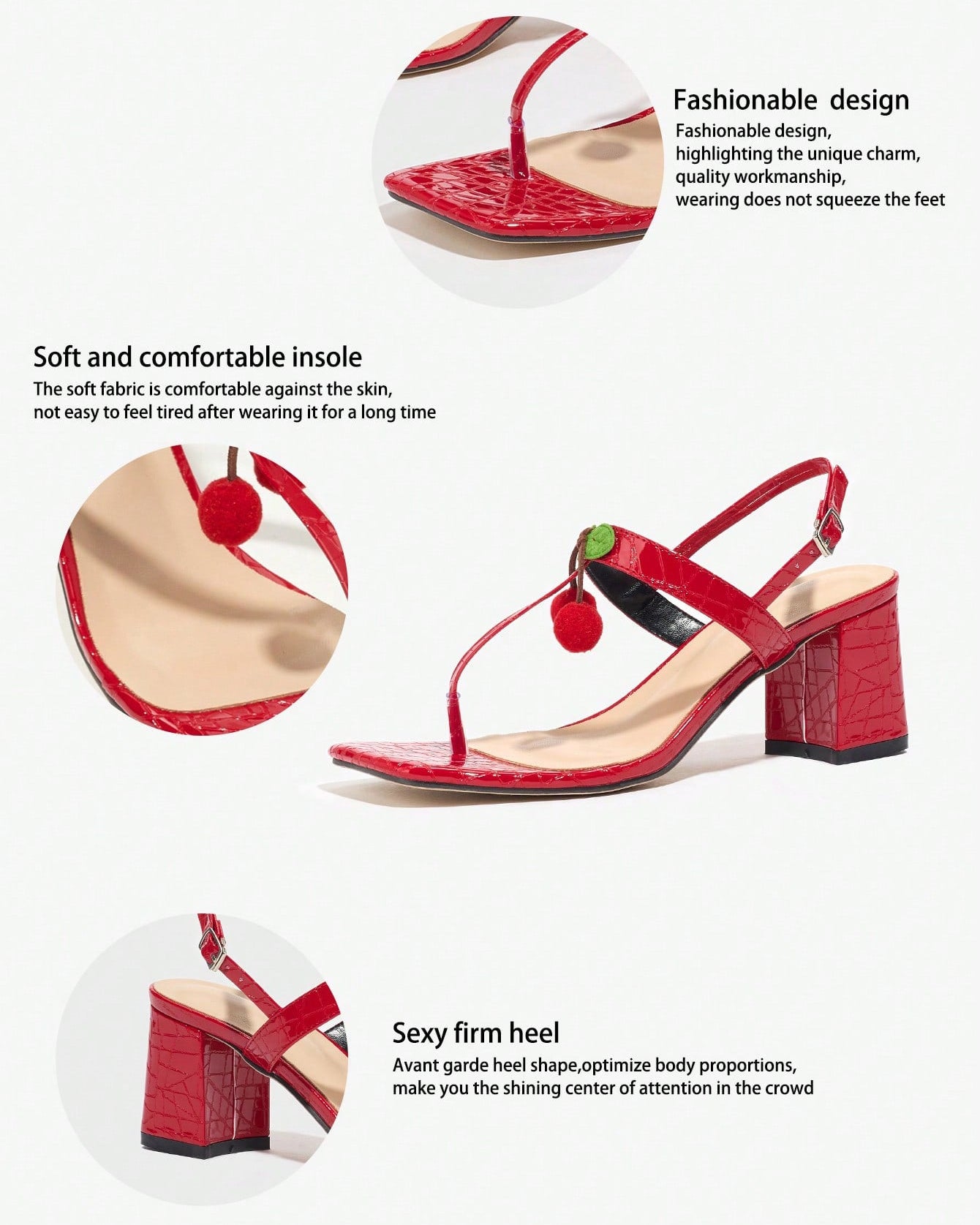 Mescini - Red block heel sandal shown with insole and heel close ups, detail view, US sizes