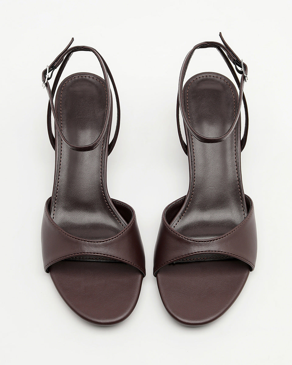Mescini - Brown open toe sandals pair seen from directly above, the vamp band in view, US sizes