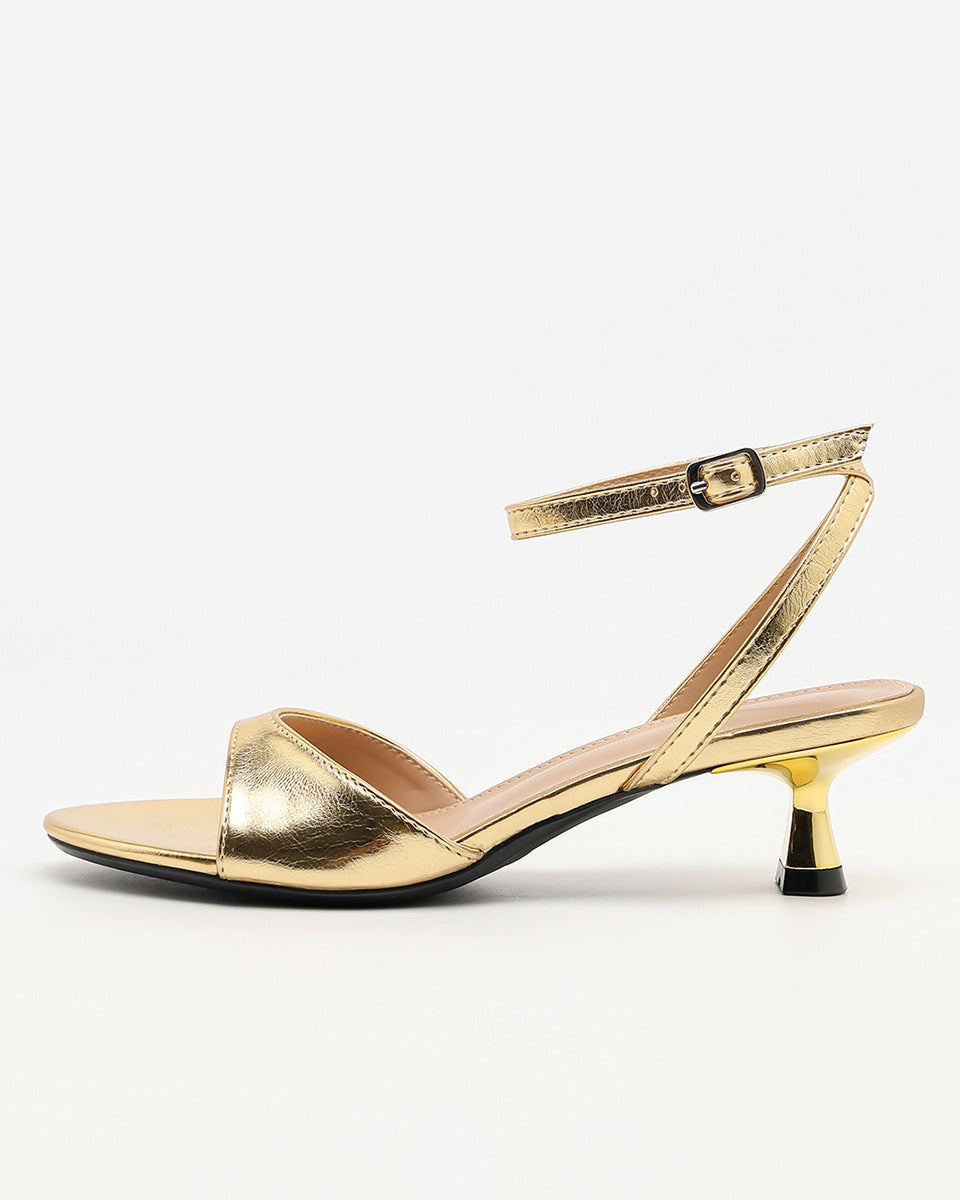 Mescini - Gold open toe kitten heel sandal, single shoe side profile on white, US women's sizes