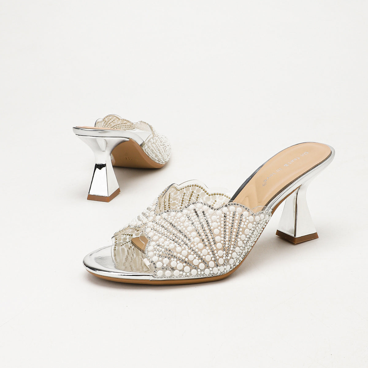 Agate Pearl Fan Open Toe Heeled Mules