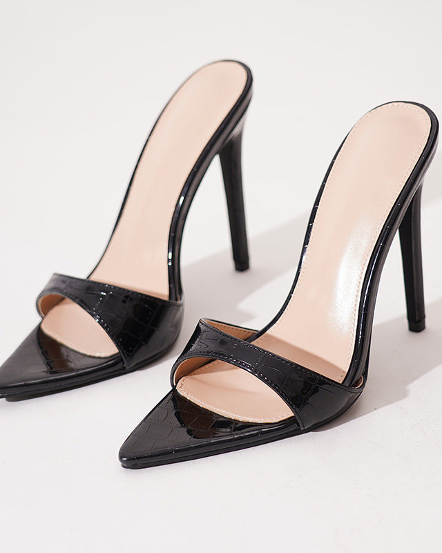 Mescini - Black pointed open toe stiletto mules pair at an angle, product view, US women's sizes
