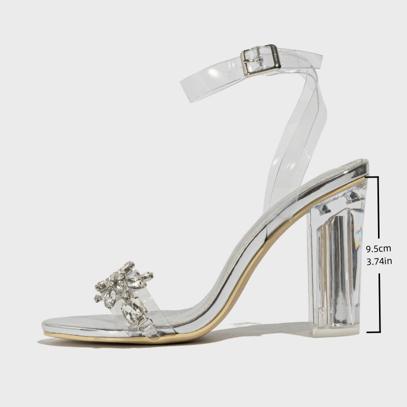 Mescini - Clear block heel sandal side profile with the heel measured at 9.5 cm, US women's sizes