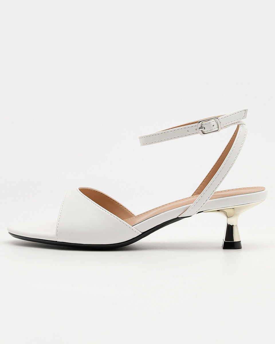Mescini - White open toe kitten heel sandal, single shoe side profile on white, US women's sizes