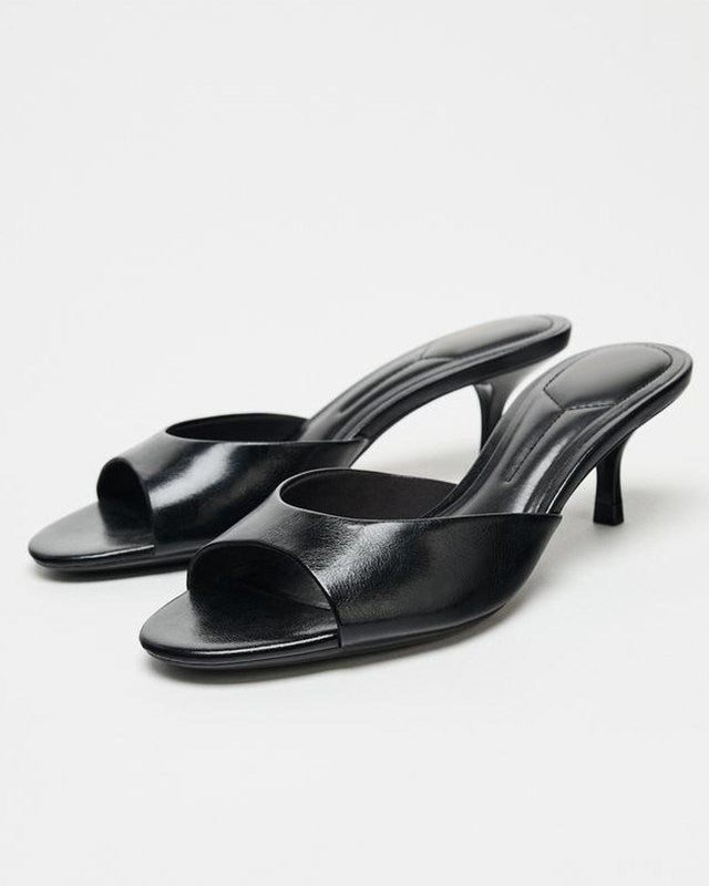 Mescini - Black square toe kitten heel mules as a pair, three quarter studio view, US sizes