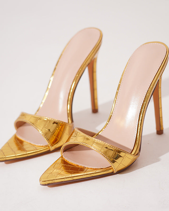 Mescini - Gold pointed open toe stiletto mules pair at an angle, product view, US women's sizes