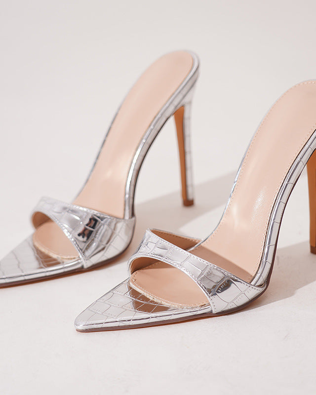 Mescini - Silver pointed open toe stiletto mules pair at an angle, product view, US women's sizes