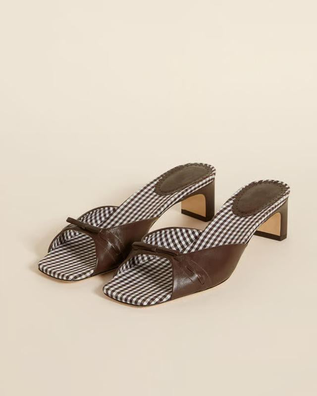 Mescini - Brown peep toe block heel mule pair with check lining, studio view, US women's