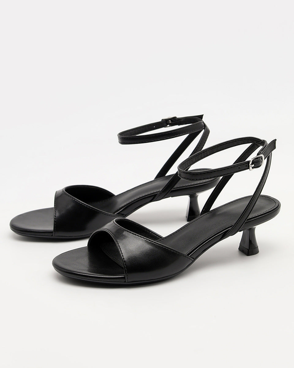Mescini - Black ankle strap kitten heel sandals pair seen from the front angle, US women's sizes