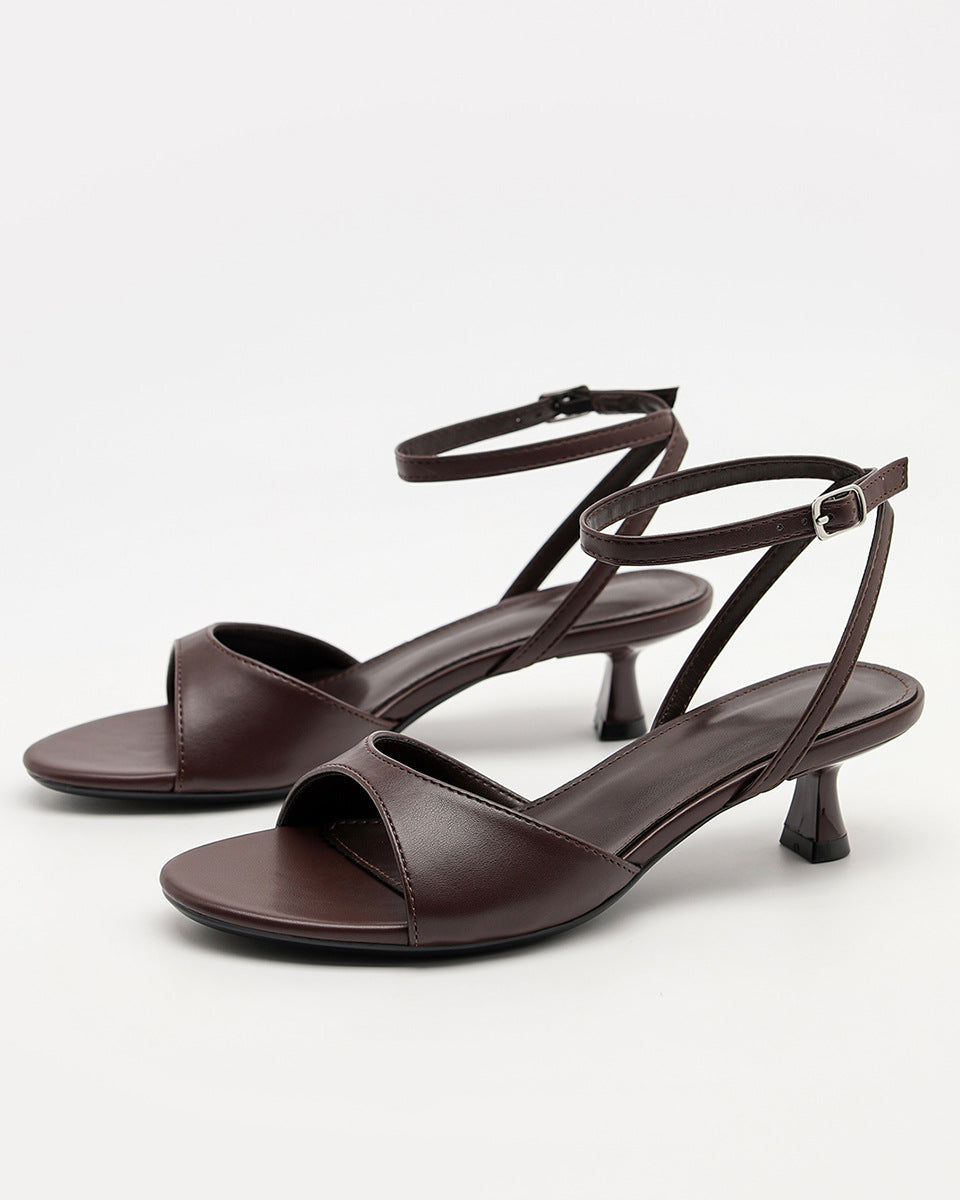Mescini - Brown ankle strap kitten heel sandals pair at a three quarter angle, US women's sizes