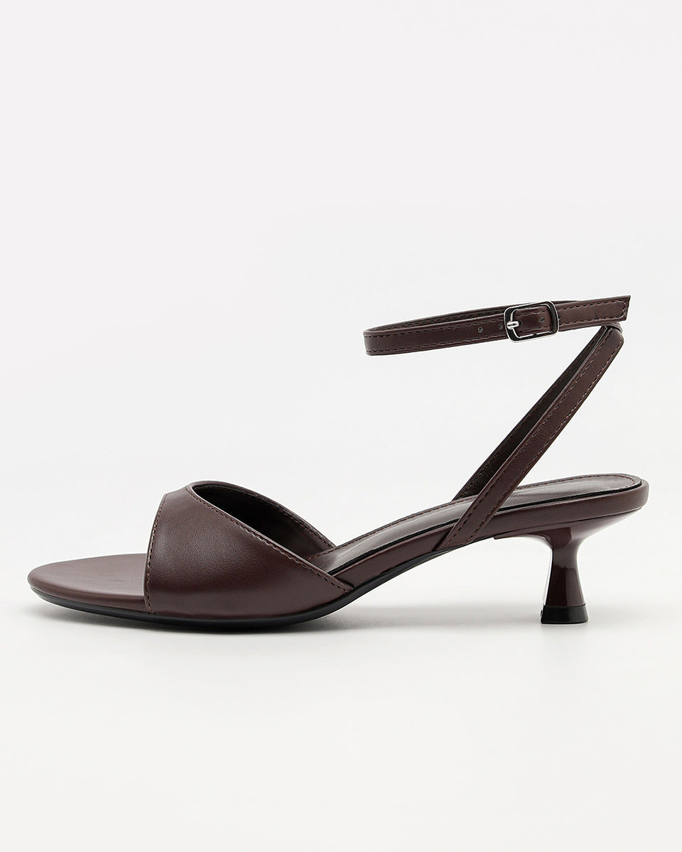 Mescini - Brown open toe sandal single shoe side profile showing the spool heel, US women's sizes