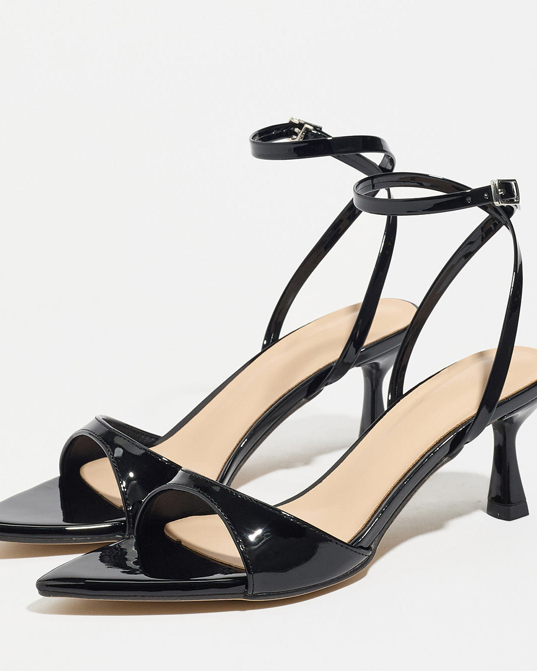 Mescini - Black kitten heel sandal pair on white, spool heel and strap view, US sizes