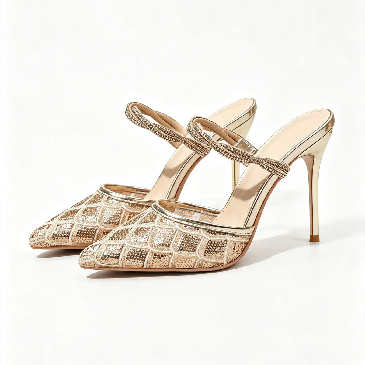 Todi Sequin Mesh Crystal Strap Mules