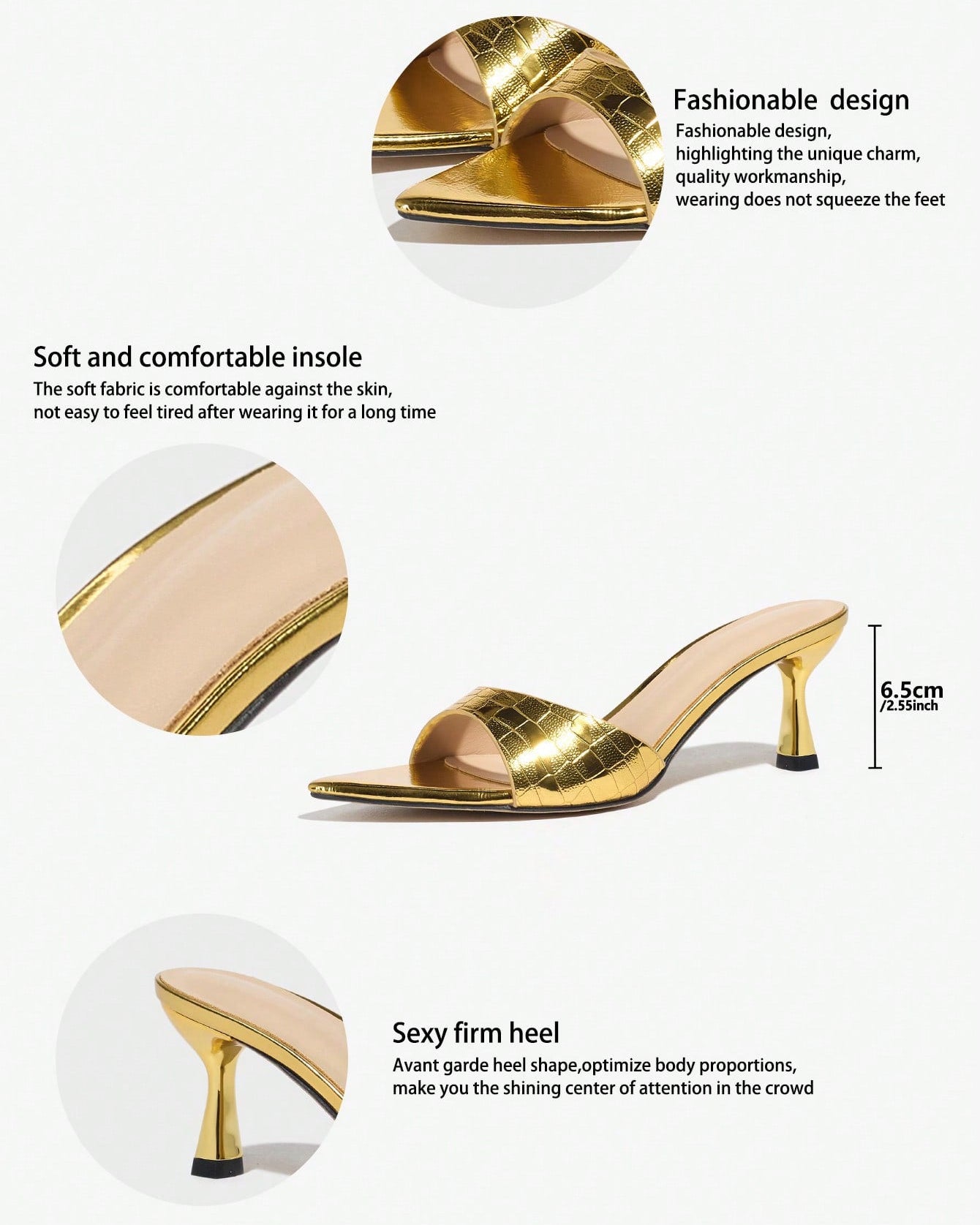 Mescini - Gold mule shown with the heel measured at 6.5 cm, supplier spec view, US sizes