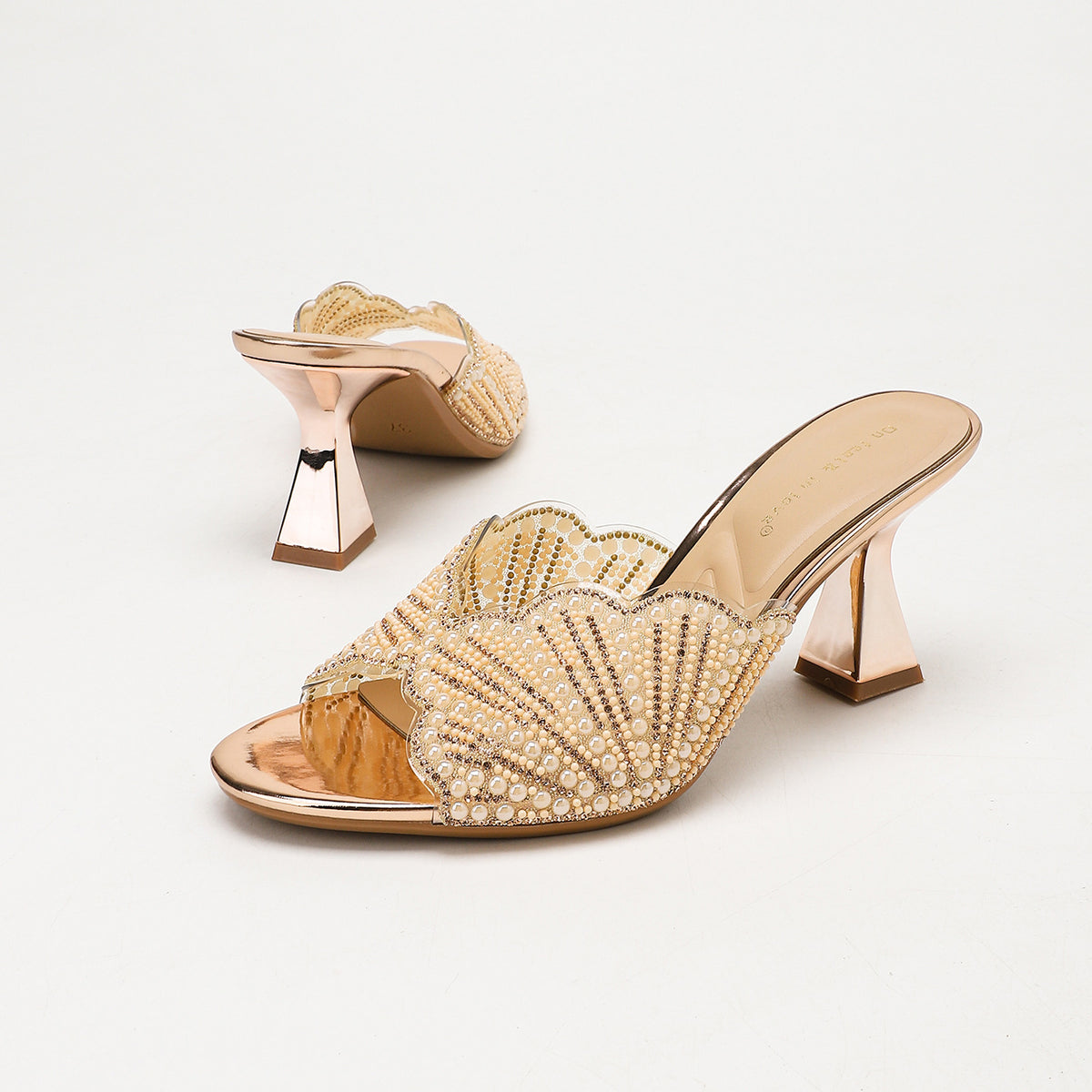 Agate Pearl Fan Open Toe Heeled Mules