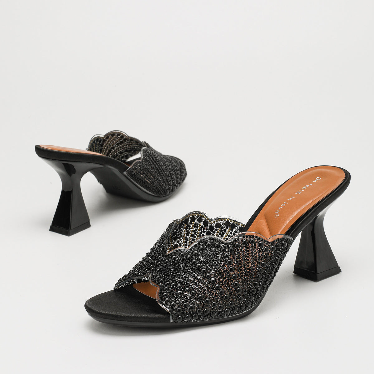 Agate Pearl Fan Open Toe Heeled Mules