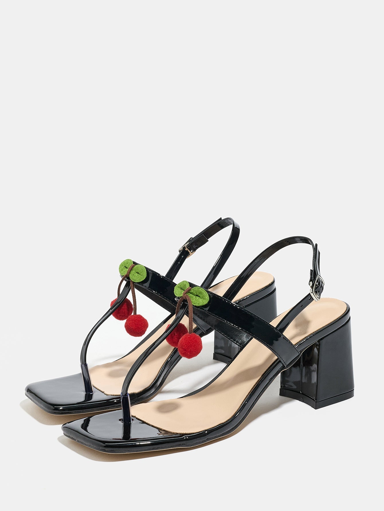 Mescini - Black block heel sandal pair seen from above on grey, flat lay view, US sizes