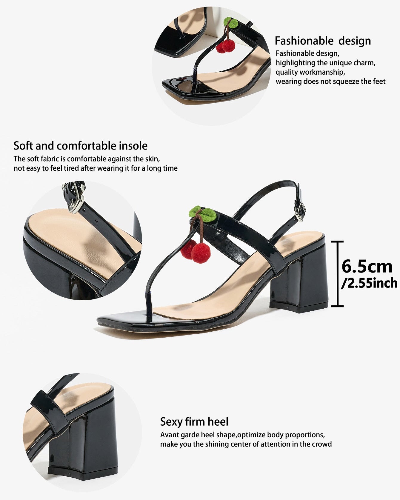 Mescini - Black block heel sandal with the heel measured at 6.5 cm, spec view, US sizes