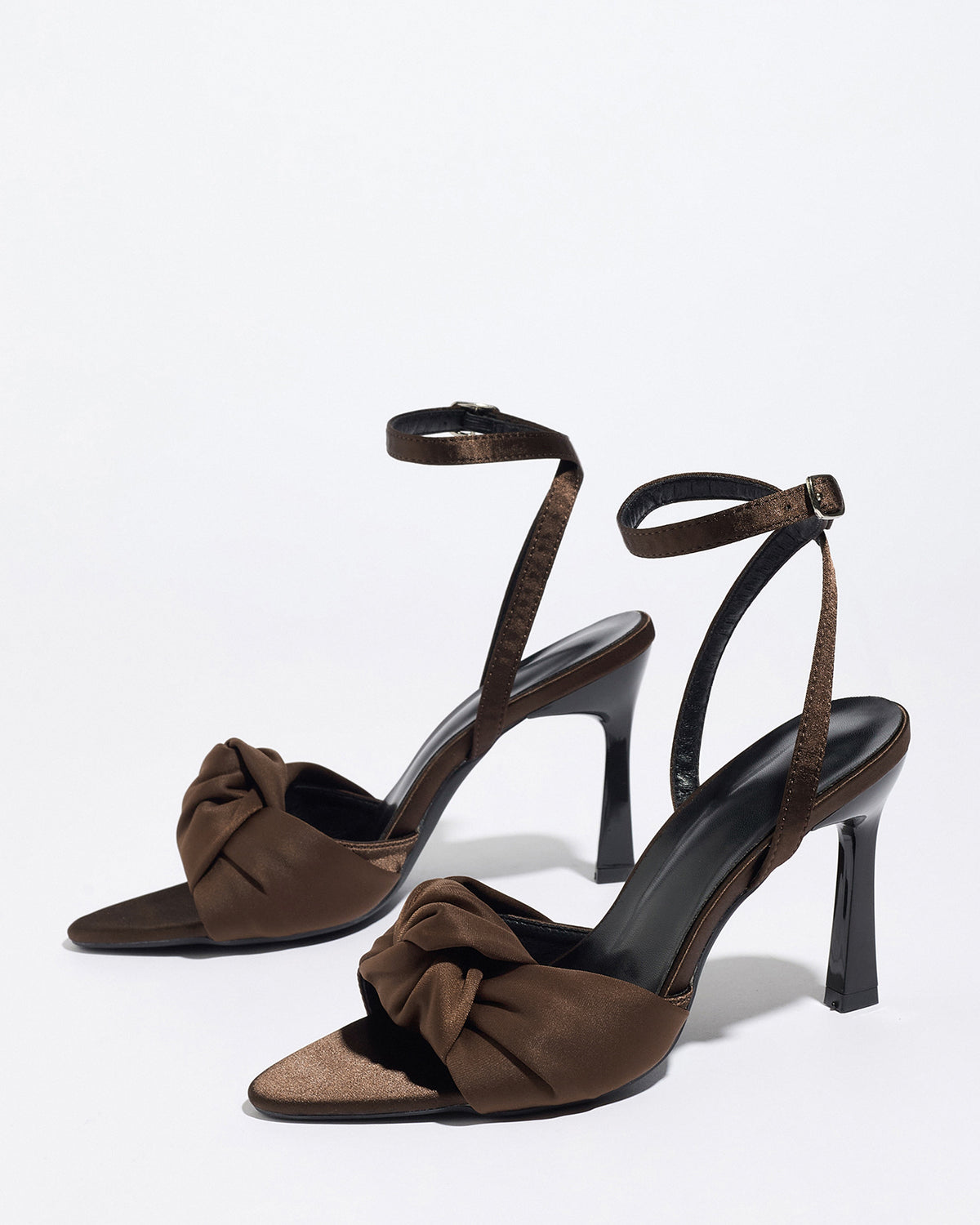 Mescini brown knotted satin ankle strap sandals, angled pair on a pale background, US women's sizes