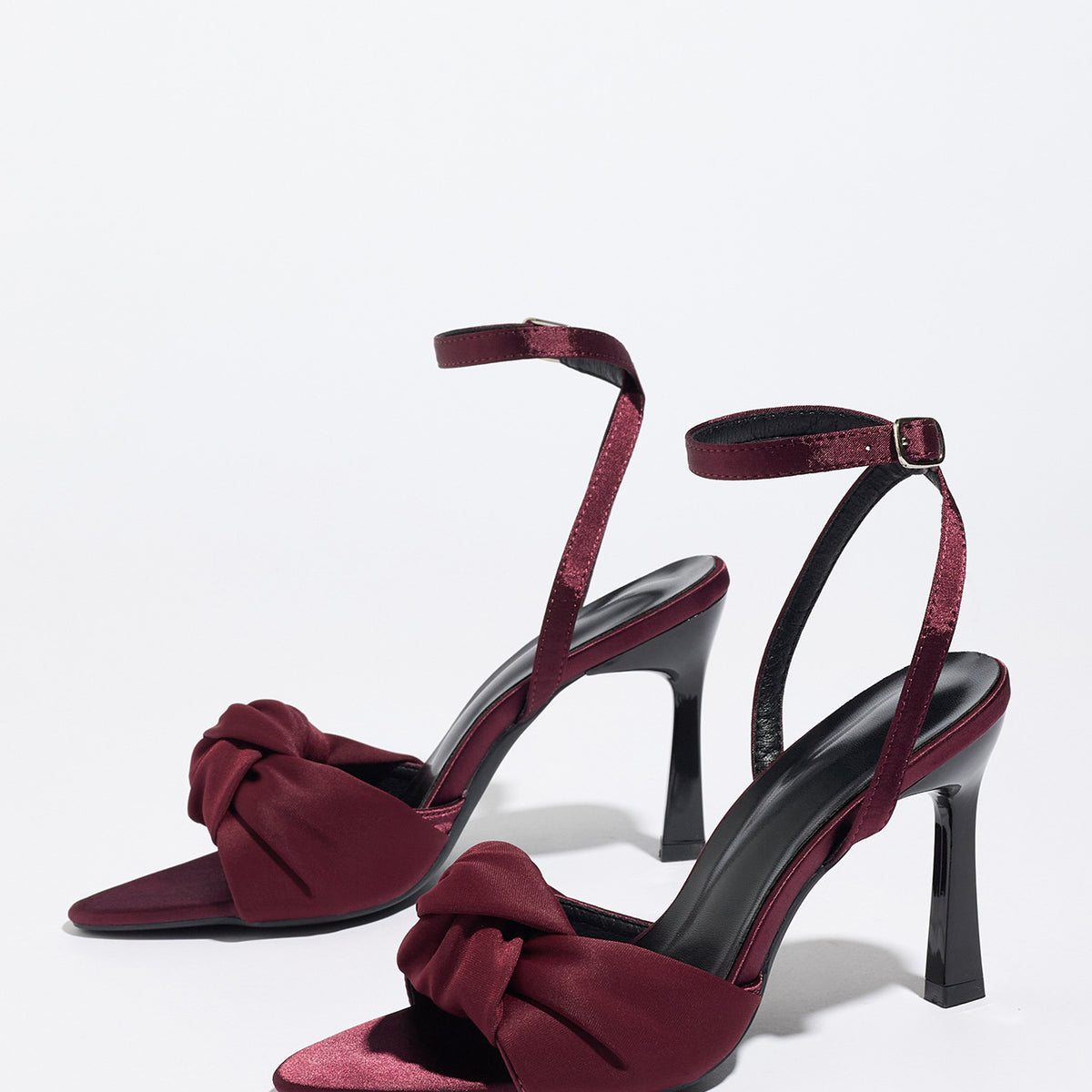 Mescini burgundy knotted satin ankle strap sandals, pair angled on a light backdrop, US women's sizes
