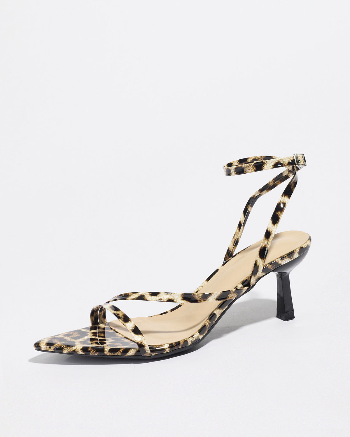 Mescini leopard print strappy heeled sandal, single shoe with the ankle tie, US women's sizes