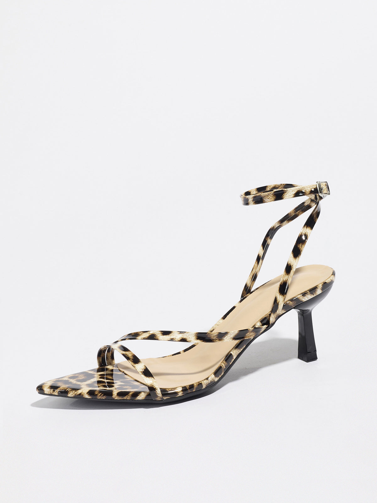 Mescini leopard print strappy heeled sandal, single shoe with the ankle tie, US women's sizes