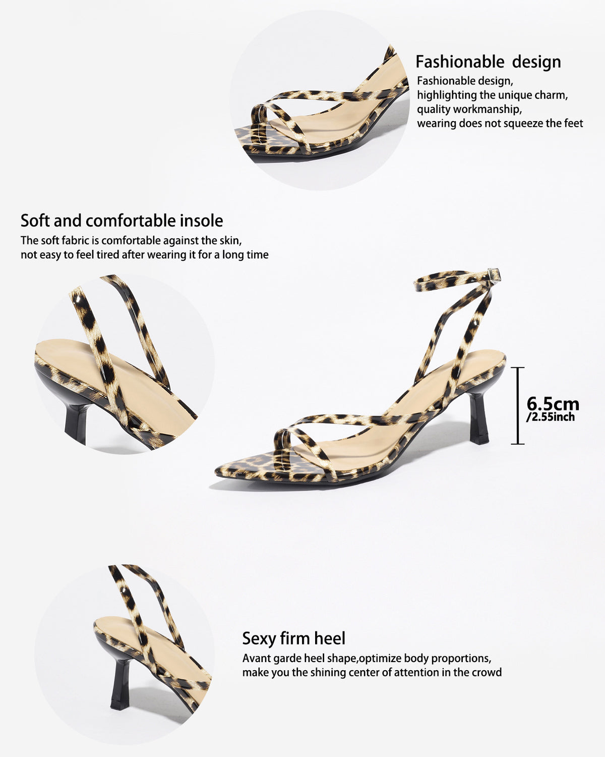 Mescini leopard print strappy heeled sandals, supplier design panel with notes, US women's sizes