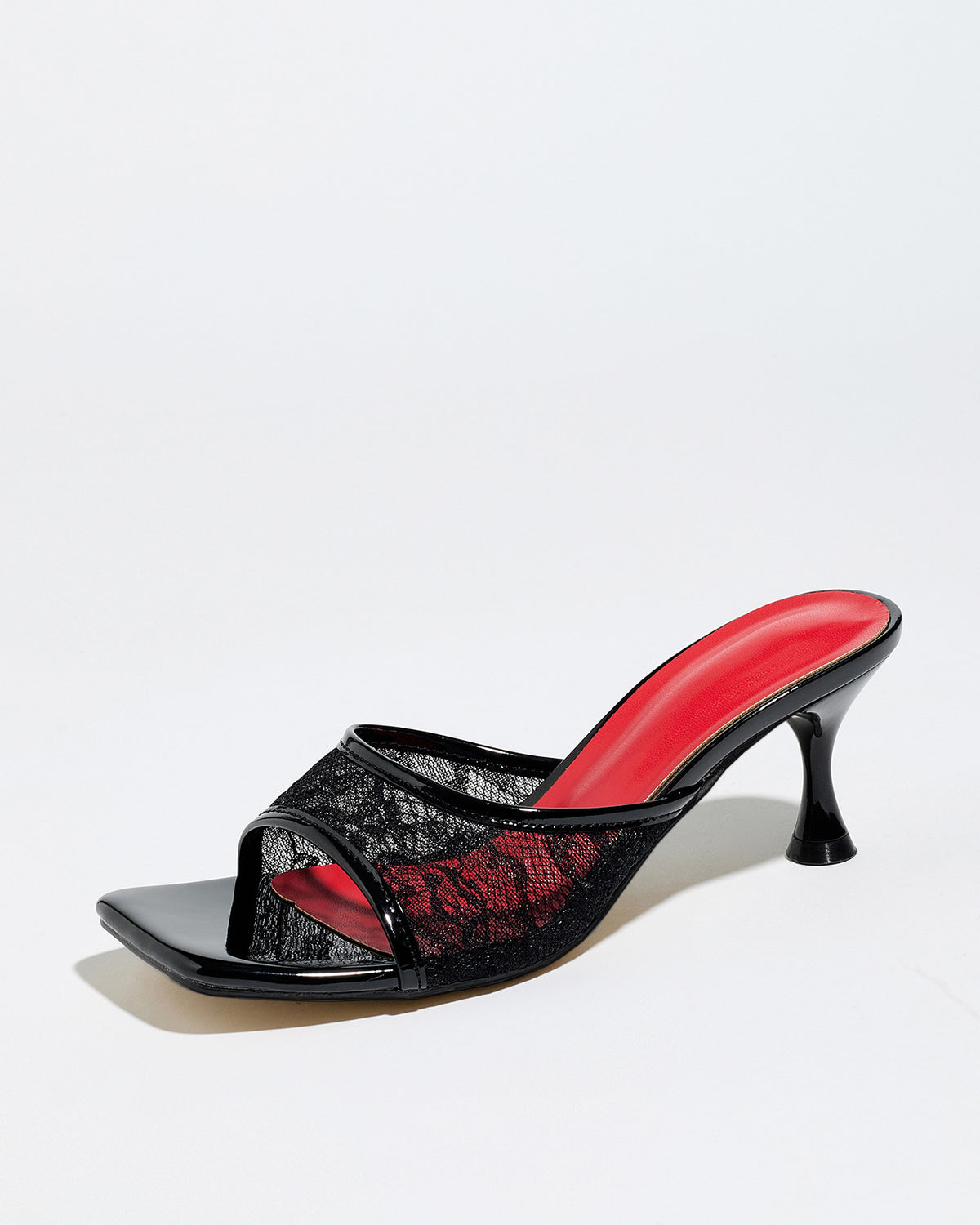 Mescini black lace mesh square toe mule heels, full side view of both shoes, US women's sizes