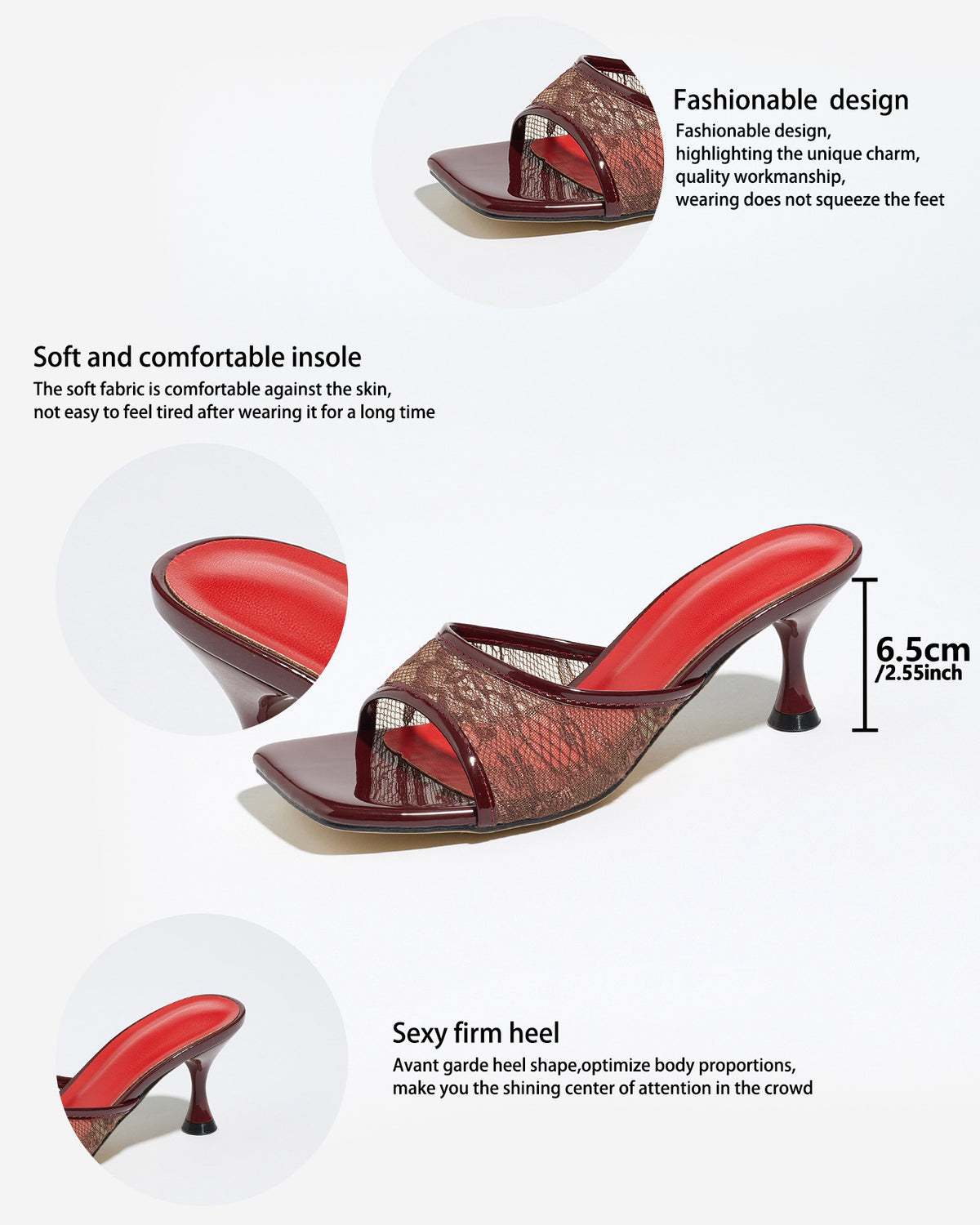 Mescini burgundy lace mesh square toe mule heels, feature graphic with a 6.5 cm callout, US women's sizes