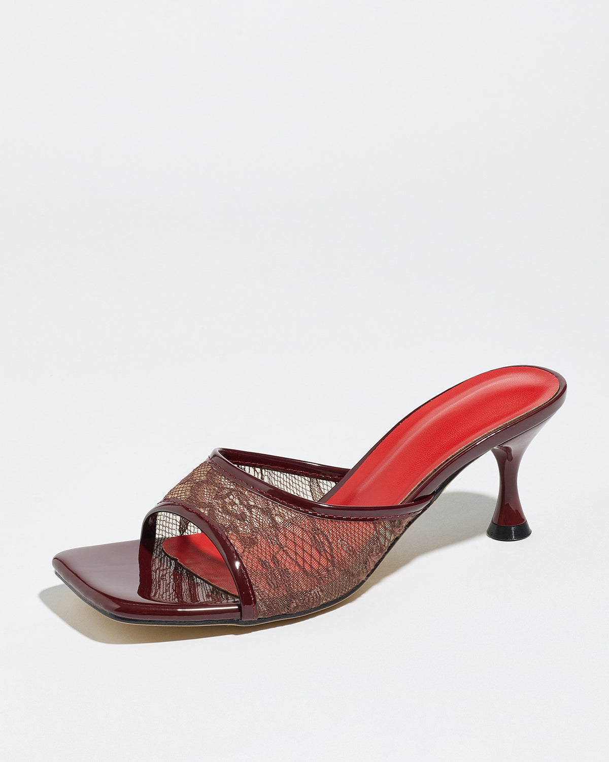 Mescini burgundy lace mesh square toe mule heels, full side view of both shoes, US women's sizes