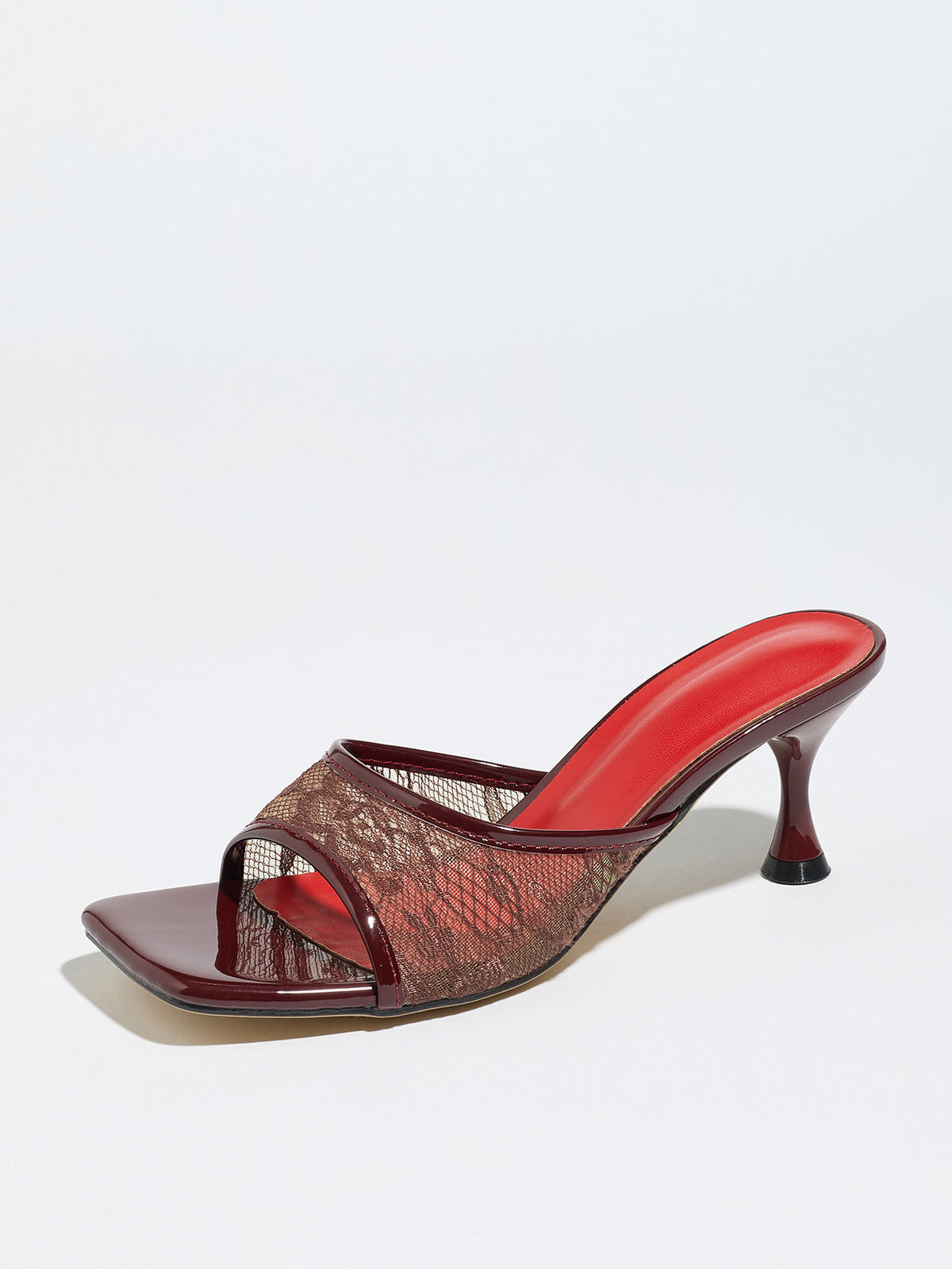 Mescini burgundy lace mesh square toe mule heels, full side view of both shoes, US women's sizes