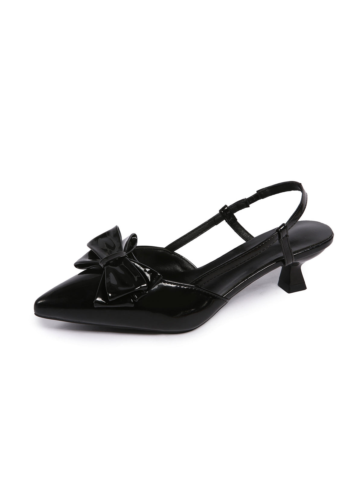 Mescini black bow pointed toe slingback kitten heels, single shoe angled in the studio, US women's sizes
