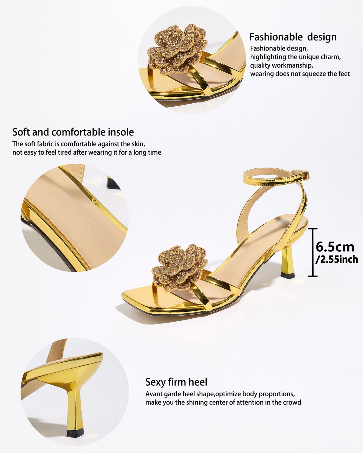 Mescini gold rosette square toe strappy sandals, feature graphic with 6.5 cm height, US women's sizes
