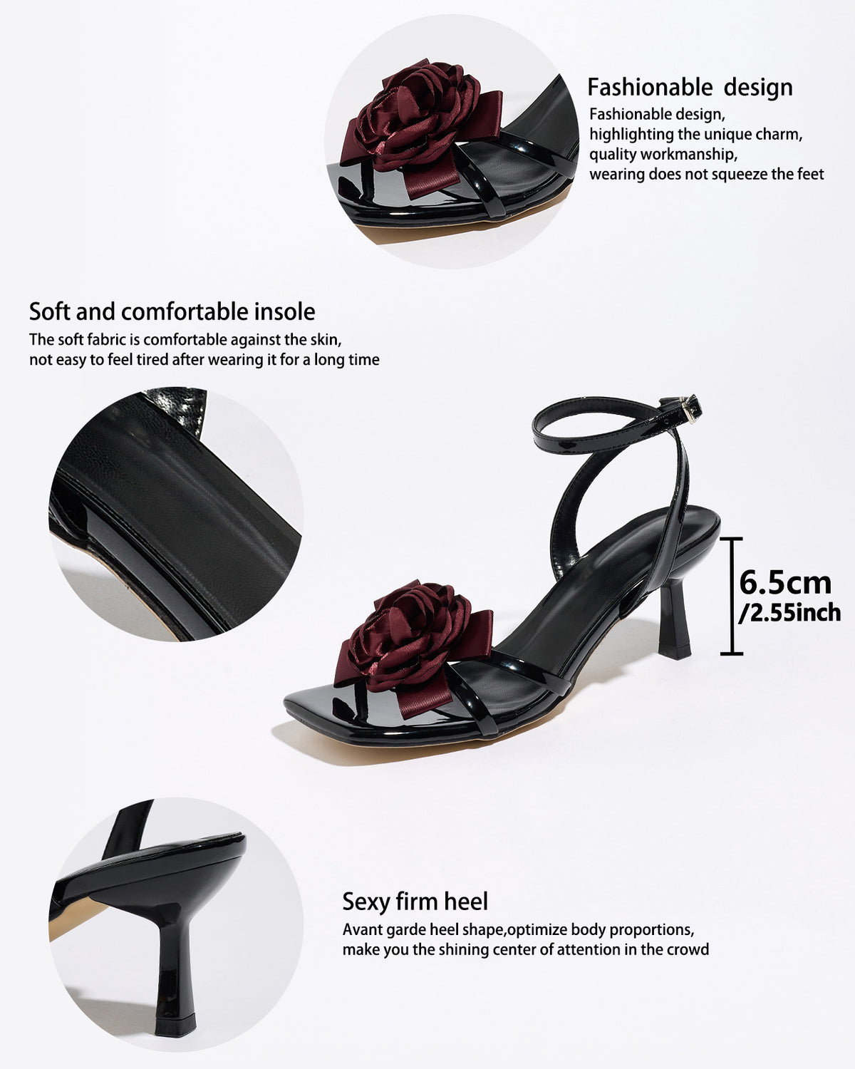 Mescini black rosette square toe strappy sandals, feature graphic with 6.5 cm height, US women's sizes