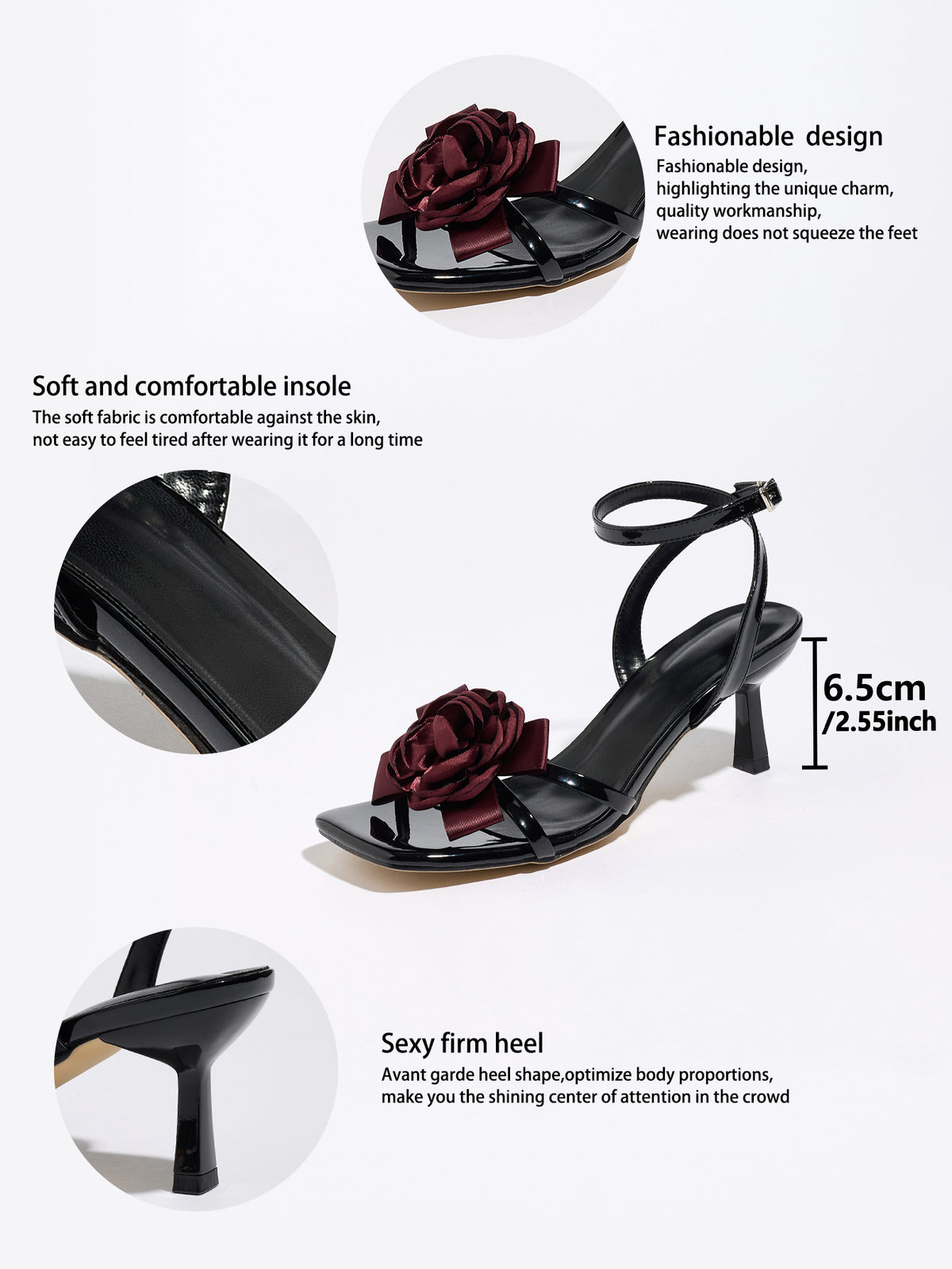 Mescini black rosette square toe strappy sandals, feature graphic with 6.5 cm height, US women's sizes