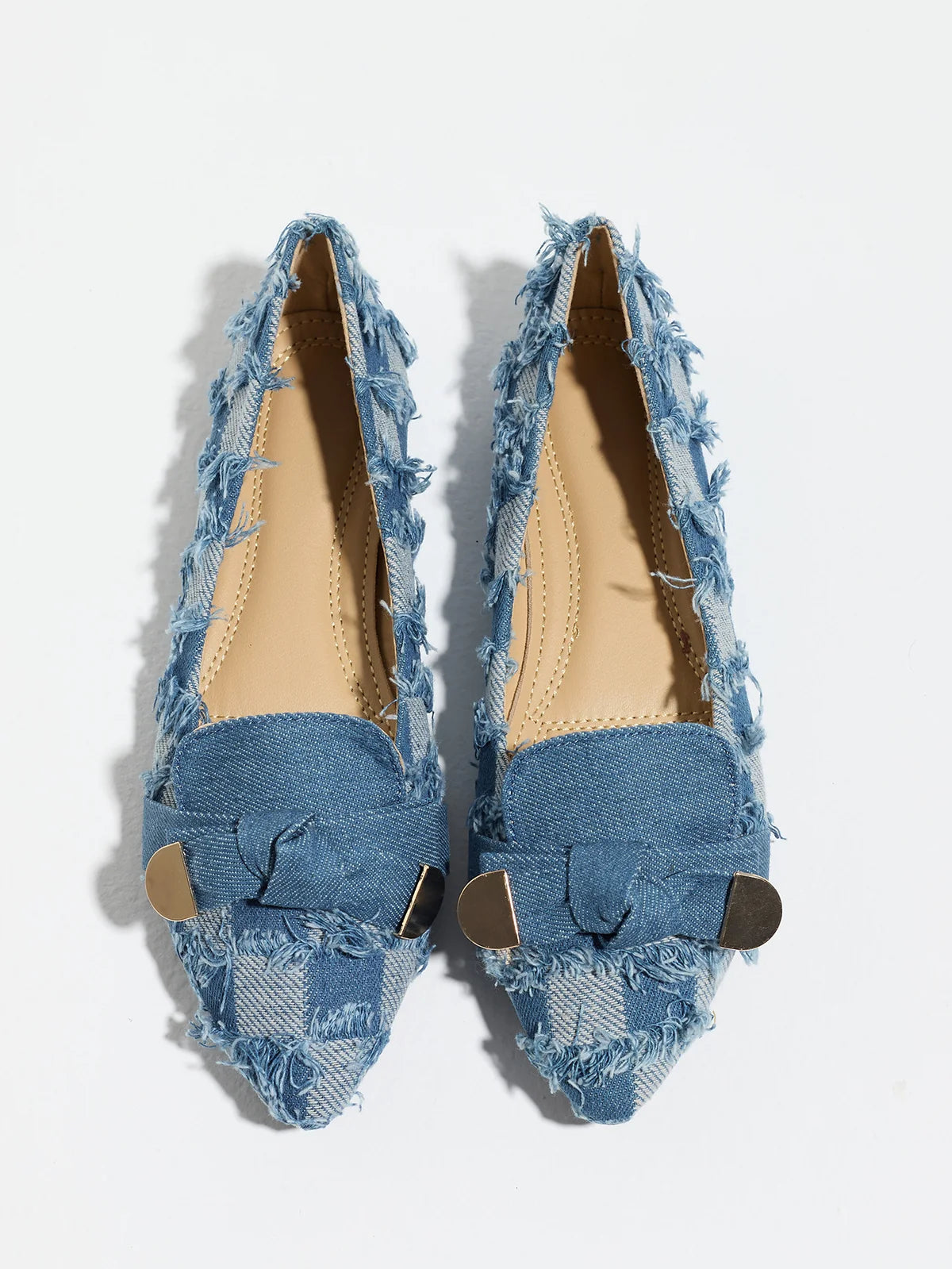 Mescini navy plaid denim bow pointed toe flats, pair viewed from directly above, US women's sizes