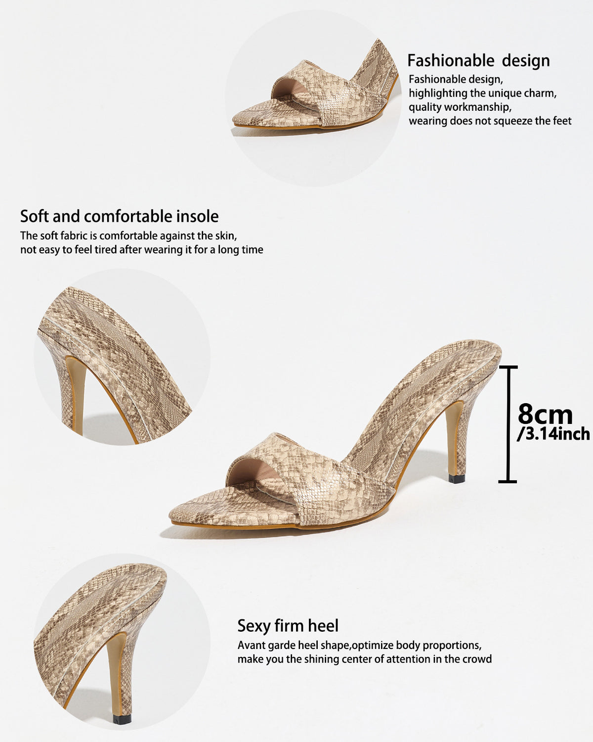 Mescini apricot snake print pointed toe mules, graphic marking the 8 cm heel, US women's sizes