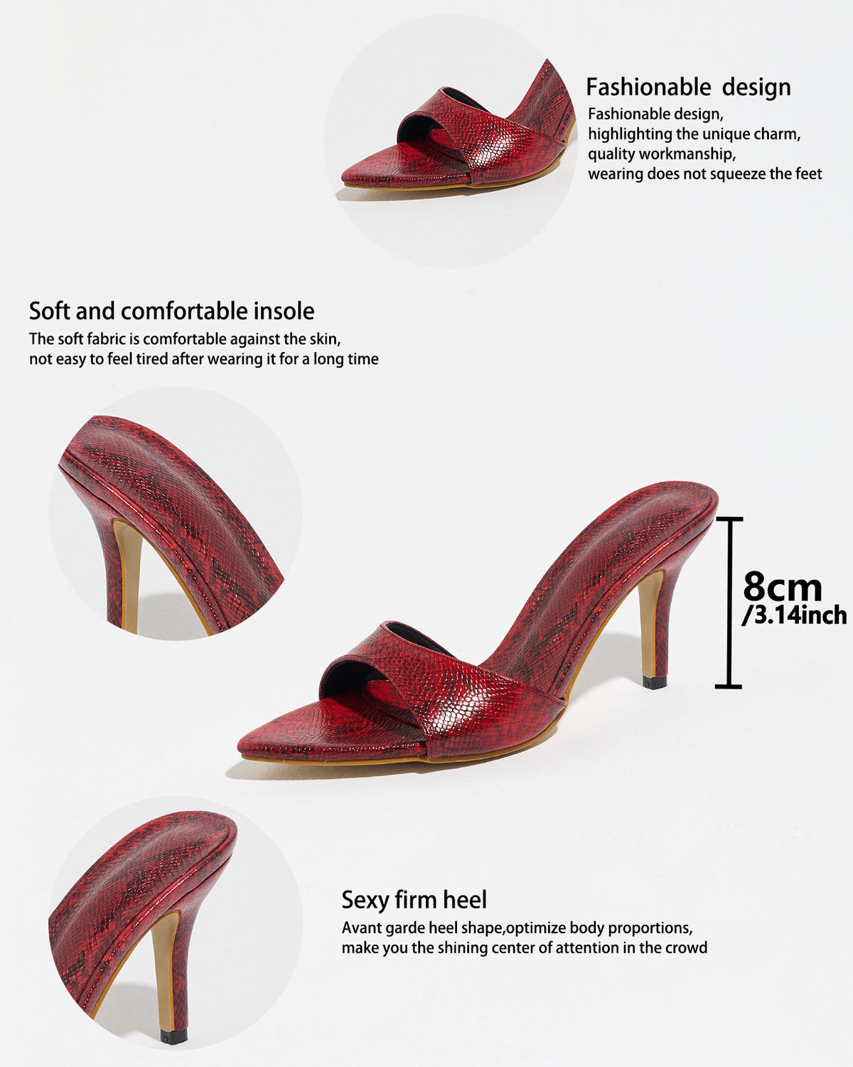 Mescini red snake print pointed toe mules, detail graphic marking the 8 cm heel, US women's sizes