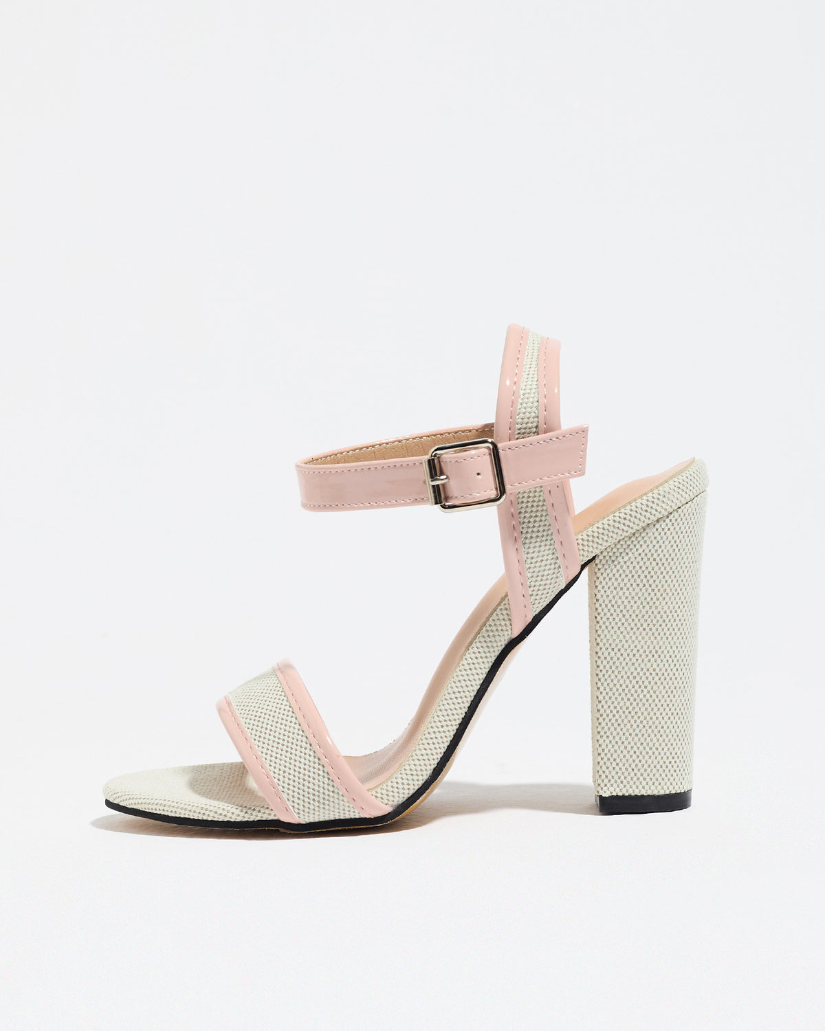 Mescini pink block heel ankle strap sandals, side profile showing the buckle closure, US women's sizes