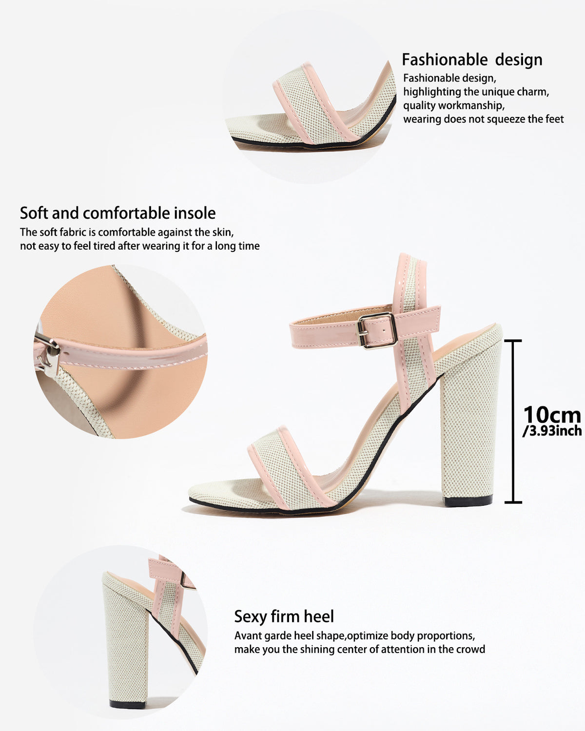 Mescini pink block heel ankle strap sandals, feature graphic with the height marked at 10 cm, US women's sizes