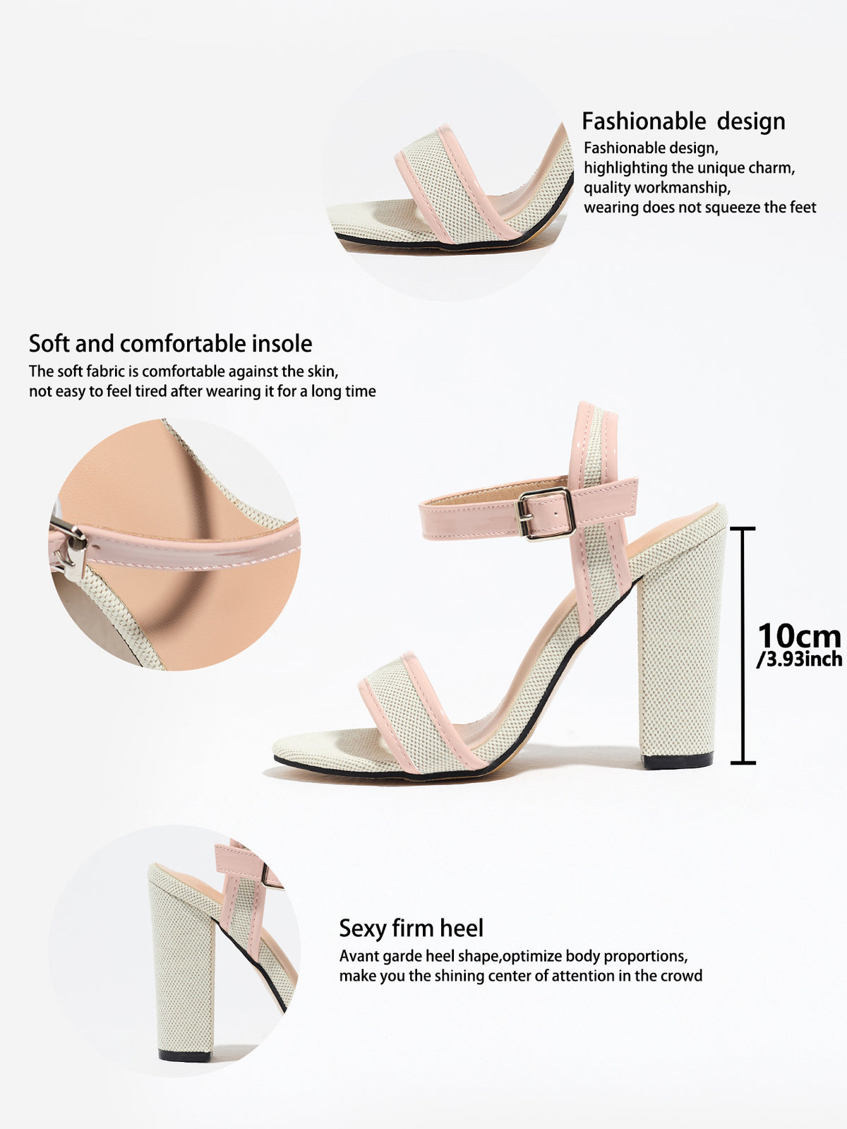 Mescini pink block heel ankle strap sandals, feature graphic with the height marked at 10 cm, US women's sizes
