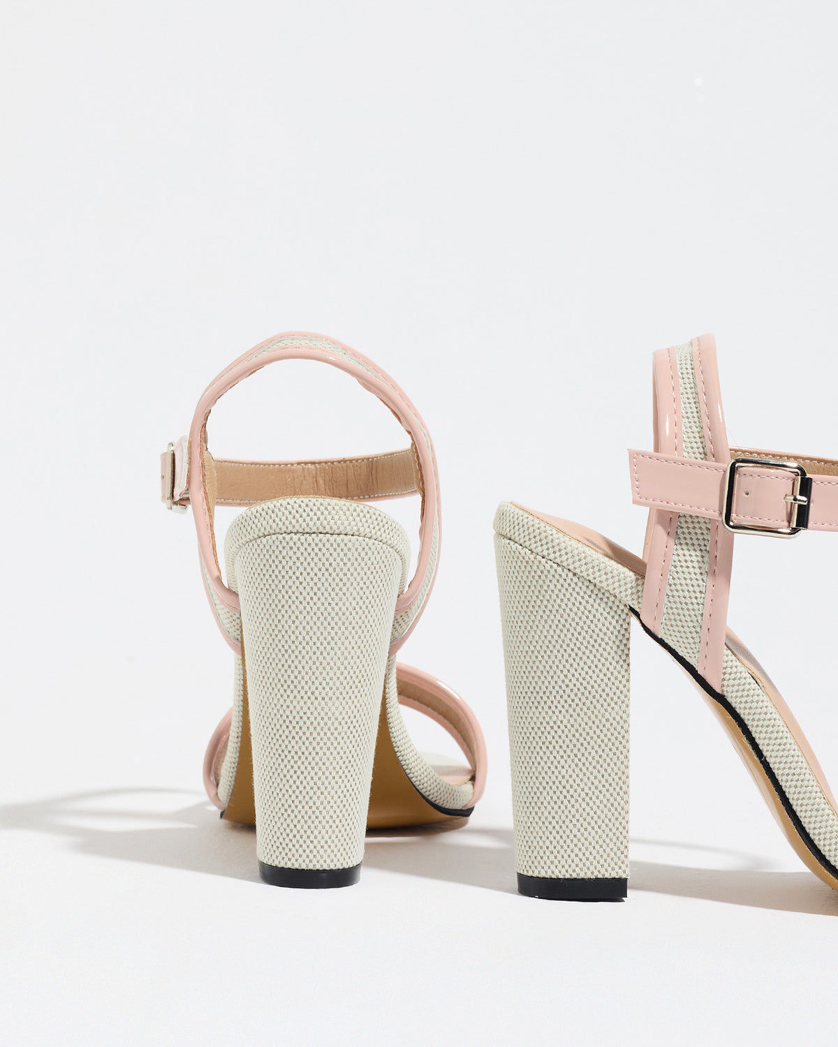Mescini pink block heel ankle strap sandals, rear view of the pair on white, US women's sizes