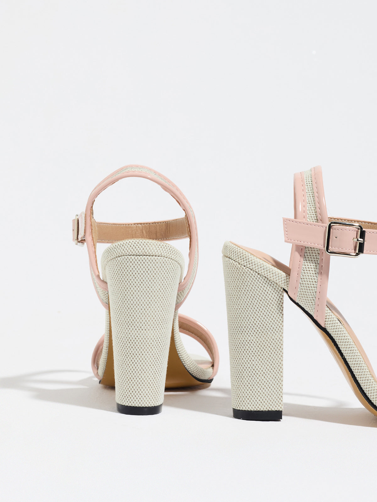 Mescini pink block heel ankle strap sandals, rear view of the pair on white, US women's sizes