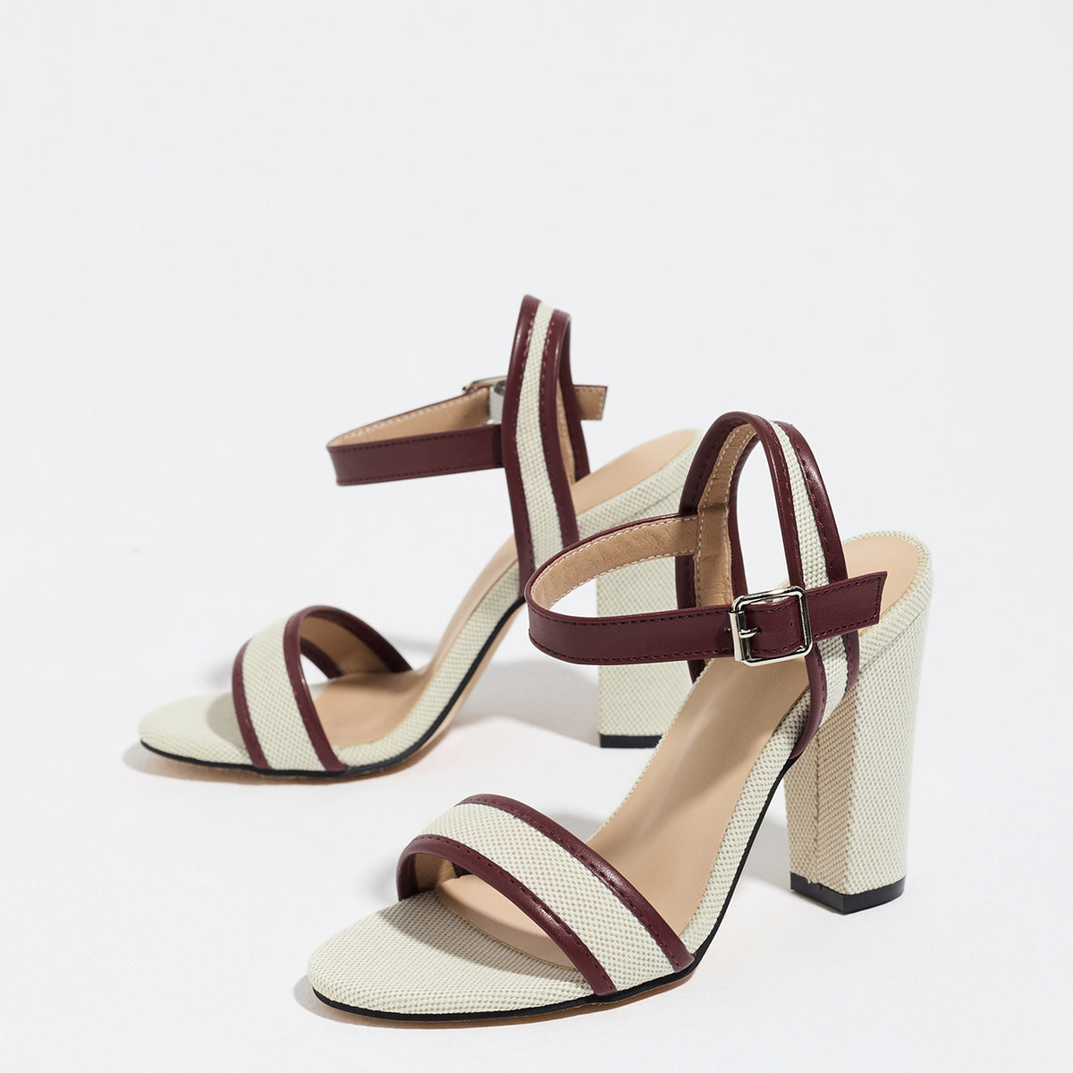 Mescini wine red block heel ankle strap sandals, angled pair view in studio light, US women's sizes