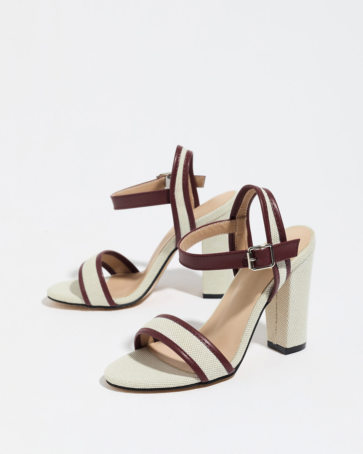 Mescini wine red block heel ankle strap sandals, angled pair view in studio light, US women's sizes