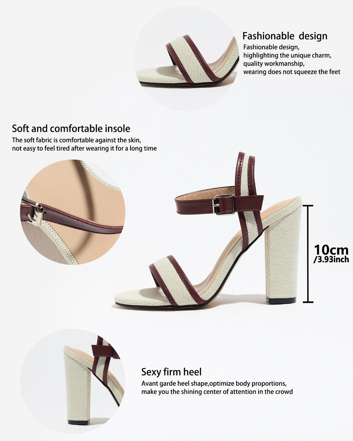 Mescini wine red block heel ankle strap sandals, feature graphic showing the fabric, US women's sizes
