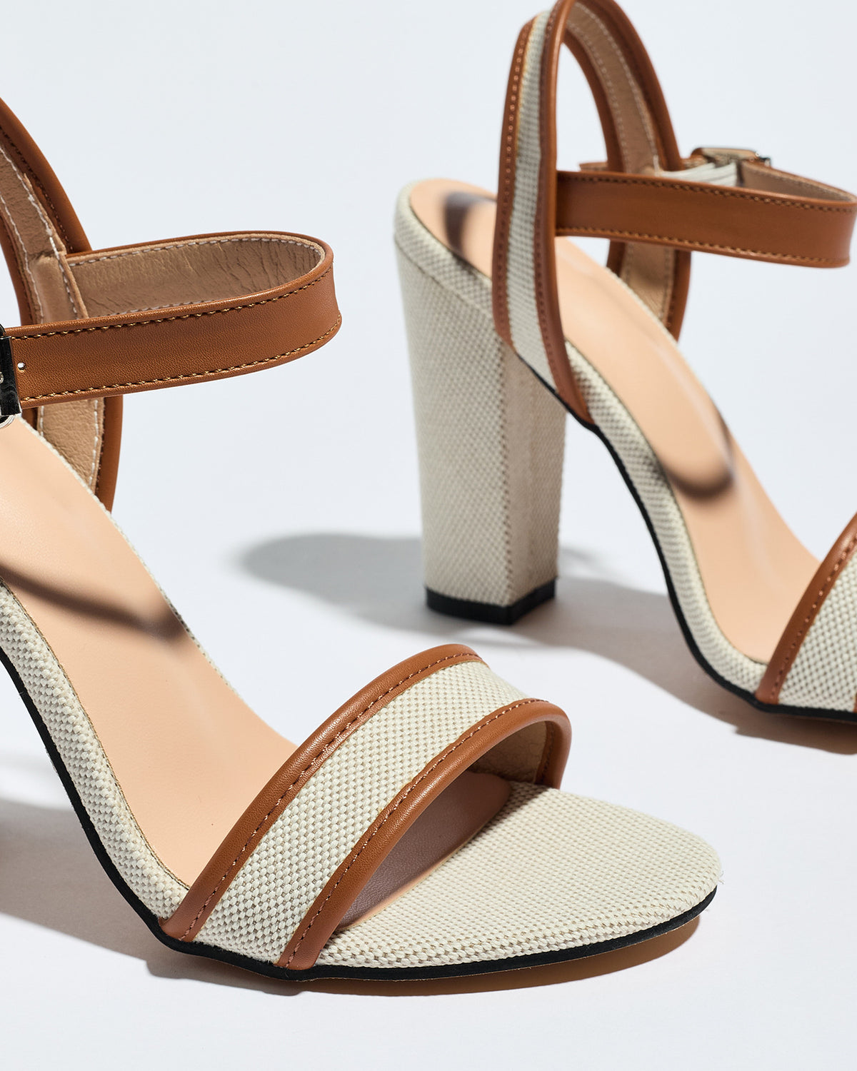 Mescini brown block heel ankle strap sandals, close up of the toe band and buckle, US women's sizes
