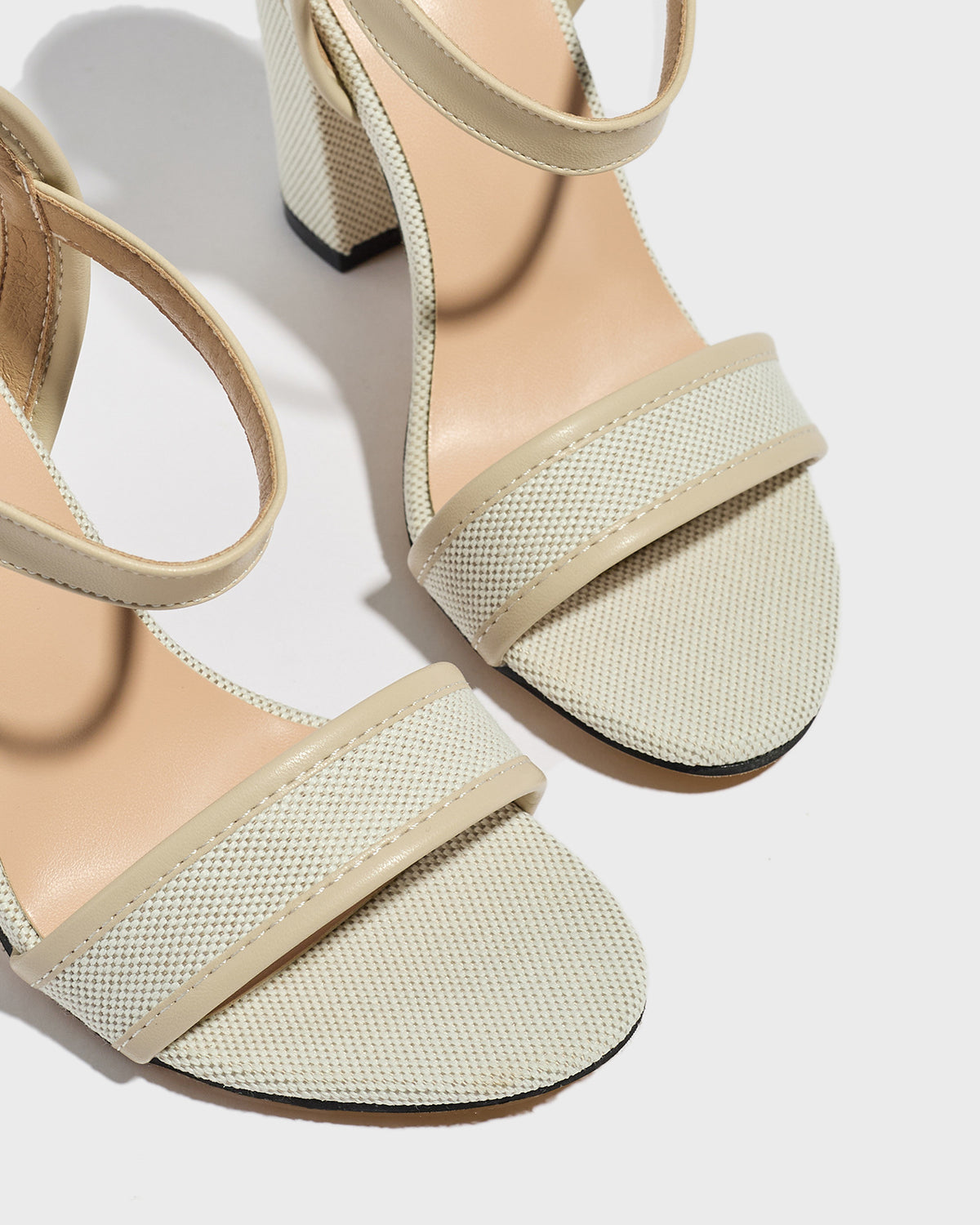Mescini apricot block heel ankle strap sandals, close up of the open toe and footbed, US women's sizes