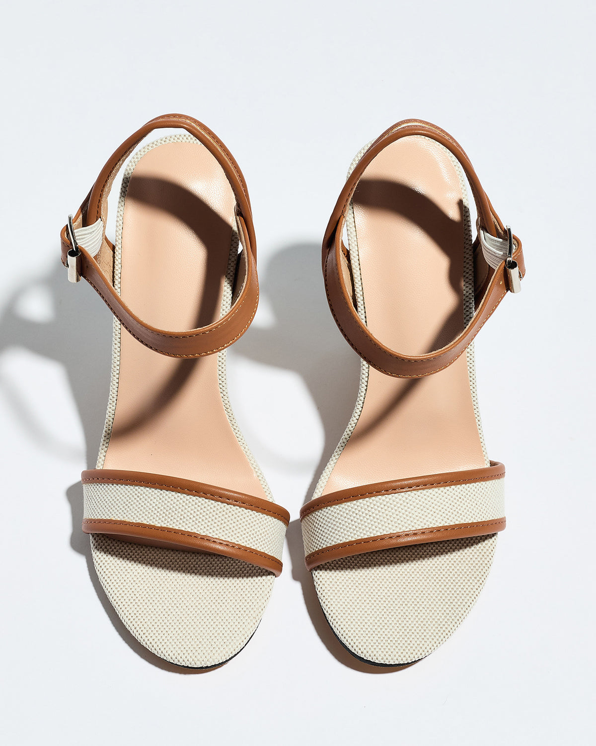 Mescini brown block heel ankle strap sandals, overhead view of the pair, US women's sizes