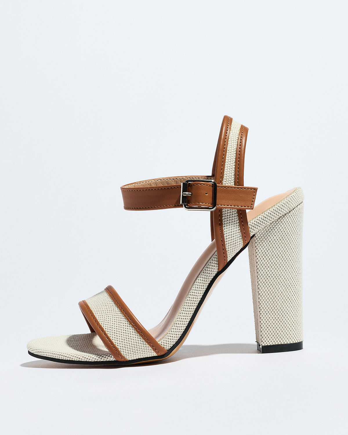 Mescini brown block heel ankle strap sandals, side profile of a single shoe, US women's sizes